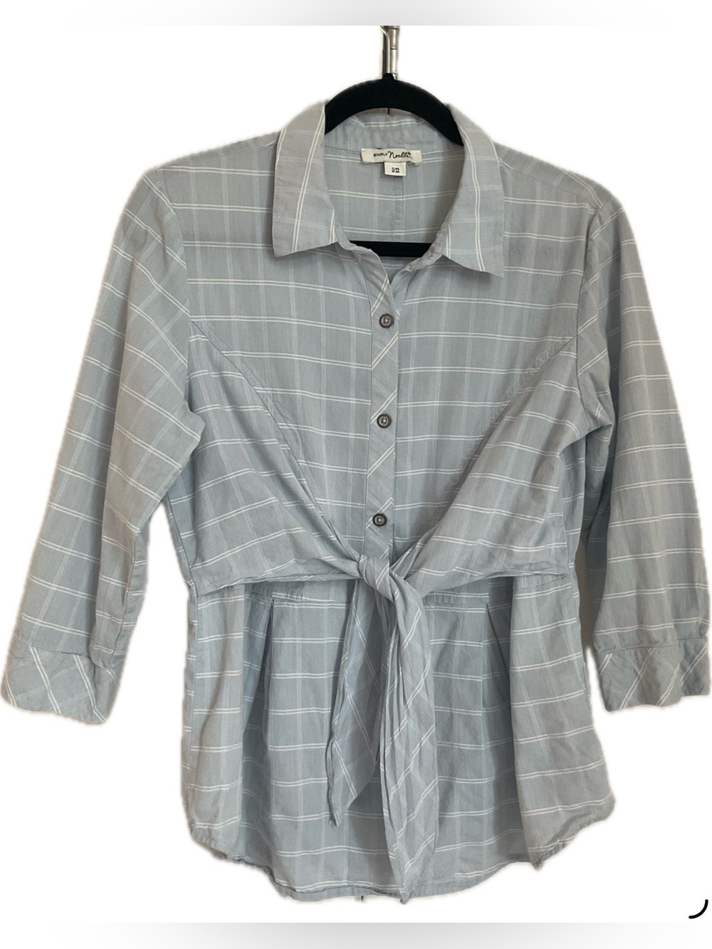 *Simply Noelle* Light Blue & White Windowpane Tie-Front Button Shirt